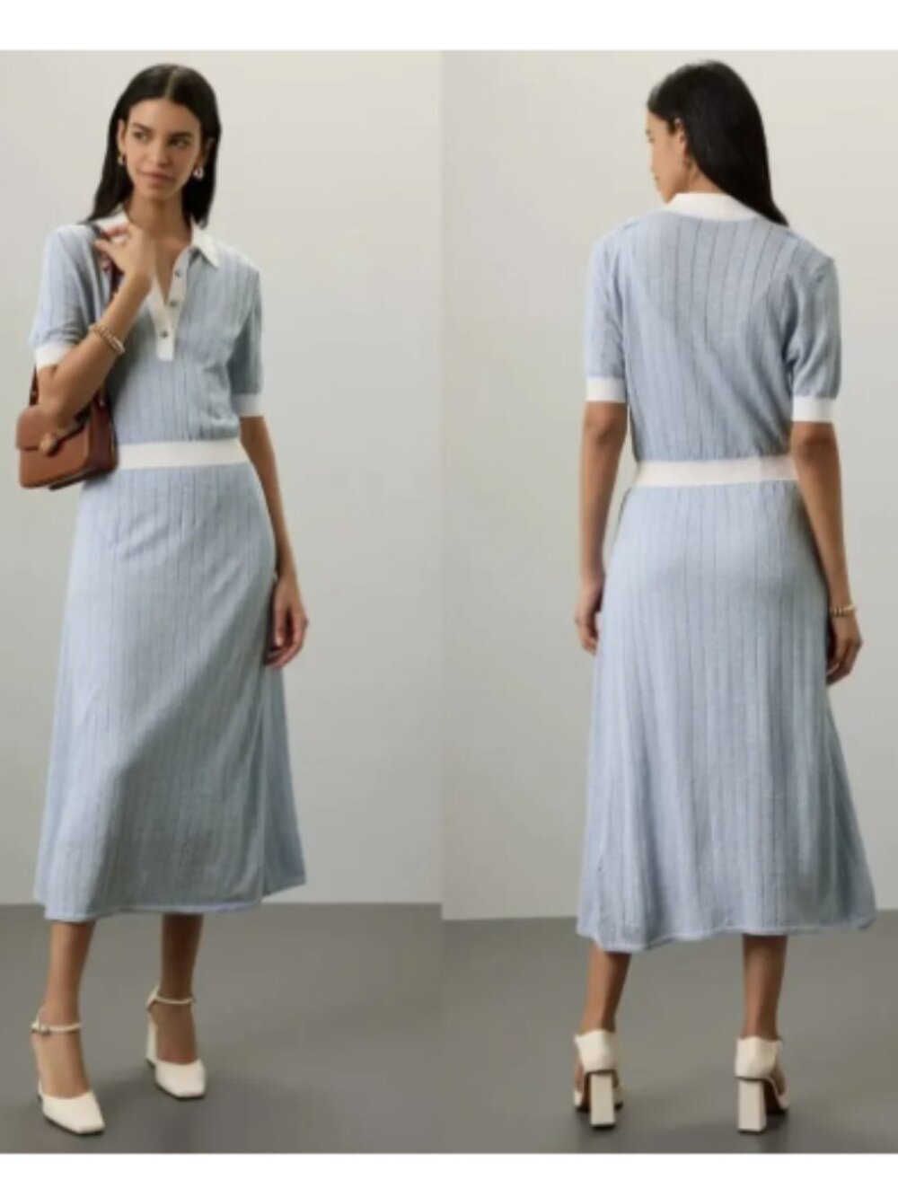 Boss Faronka Blue White Linen Blend Knit Collared Polo Sweater Midi Dress M